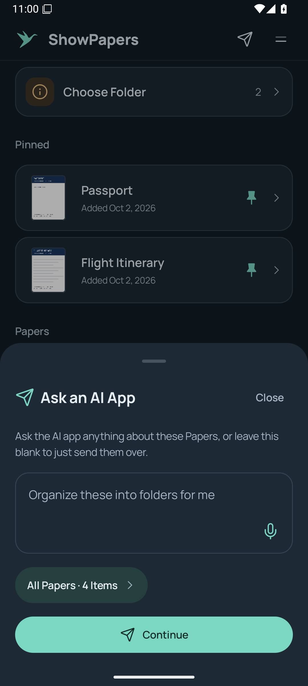 ShowPapers Ask an AI App screen with fictional sample papers.