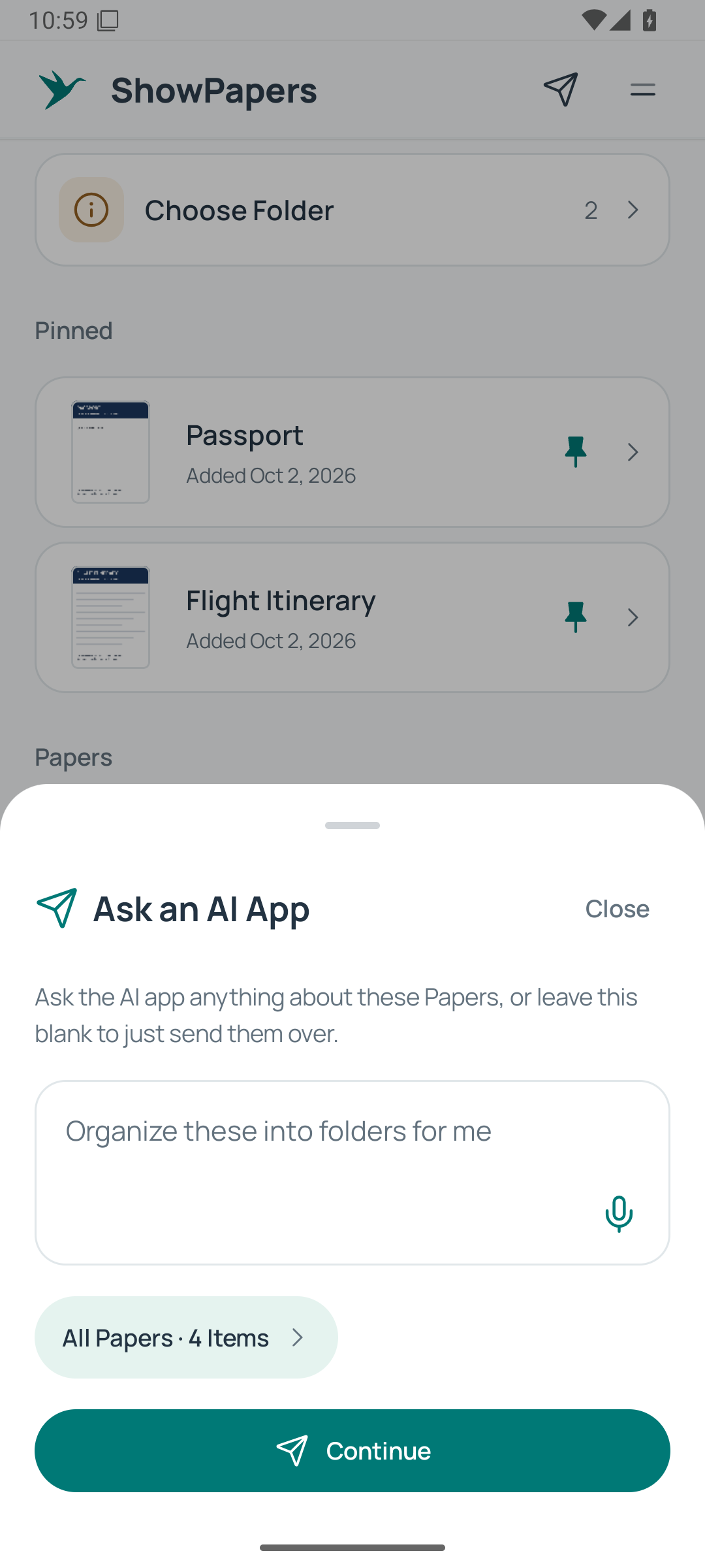 ShowPapers Ask an AI App screen with fictional sample papers.
