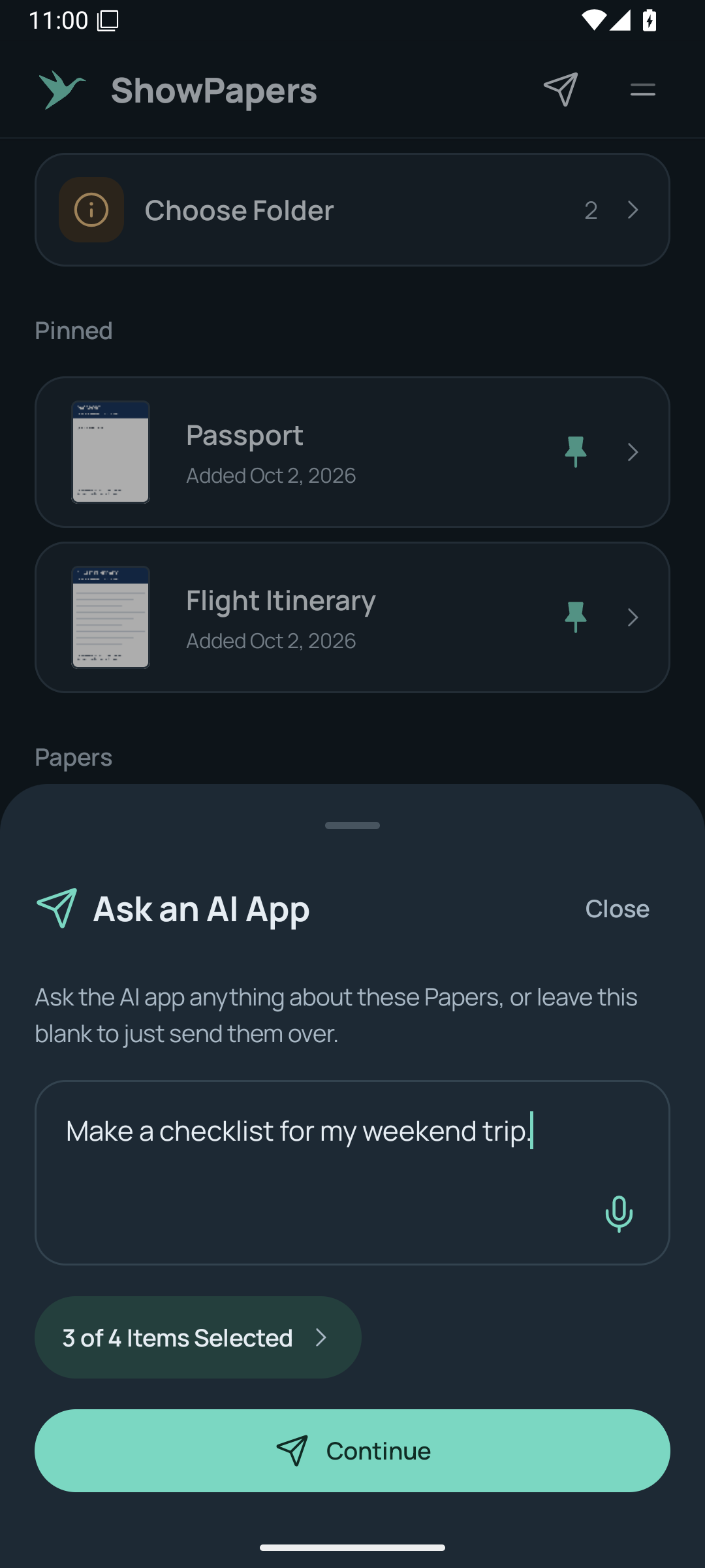 ShowPapers question field filled with a sample request.