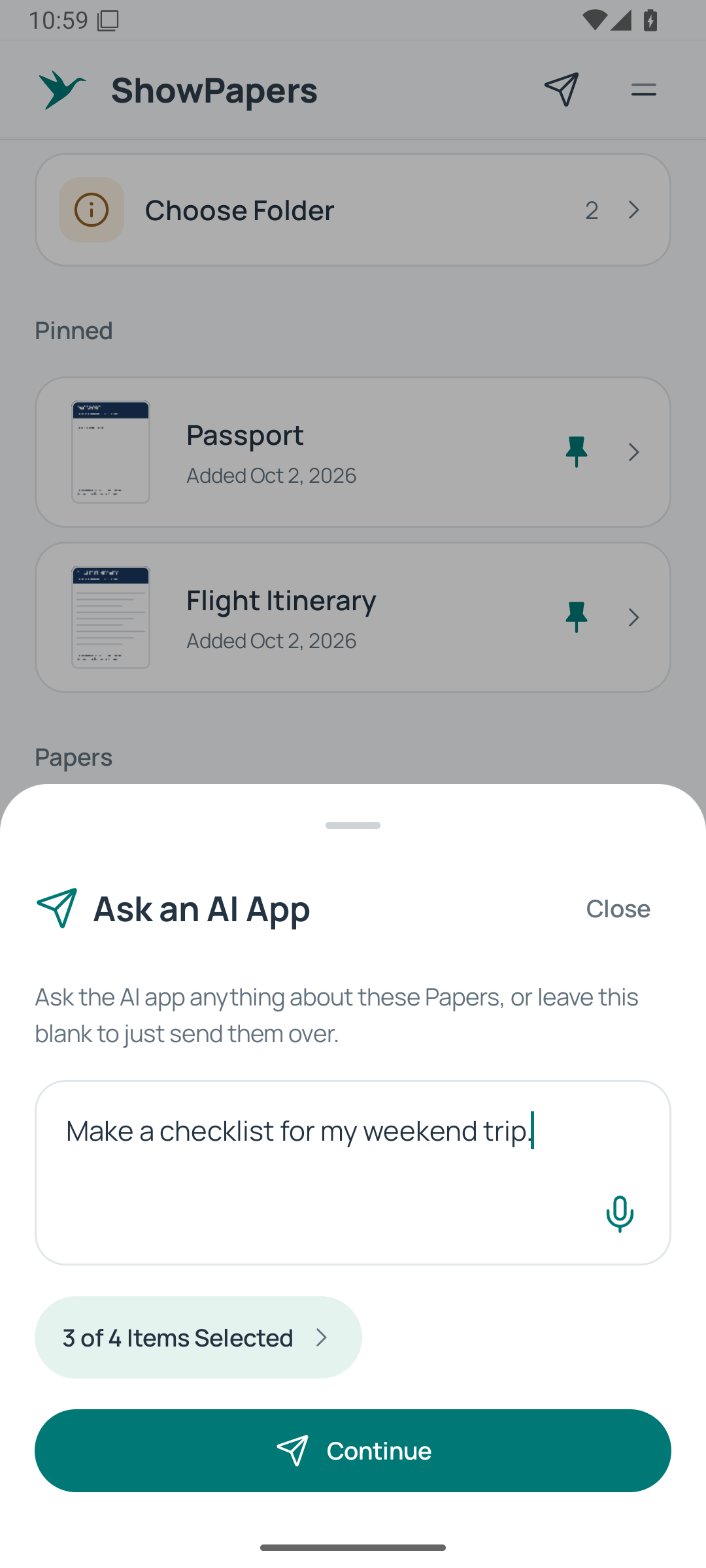 ShowPapers question field filled with a sample request.
