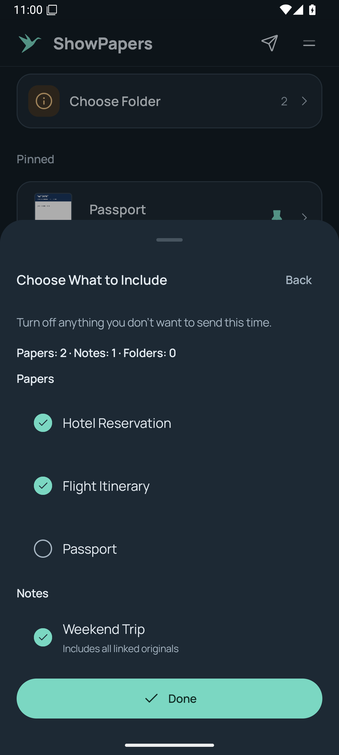 ShowPapers selection screen with chosen sample papers and notes.