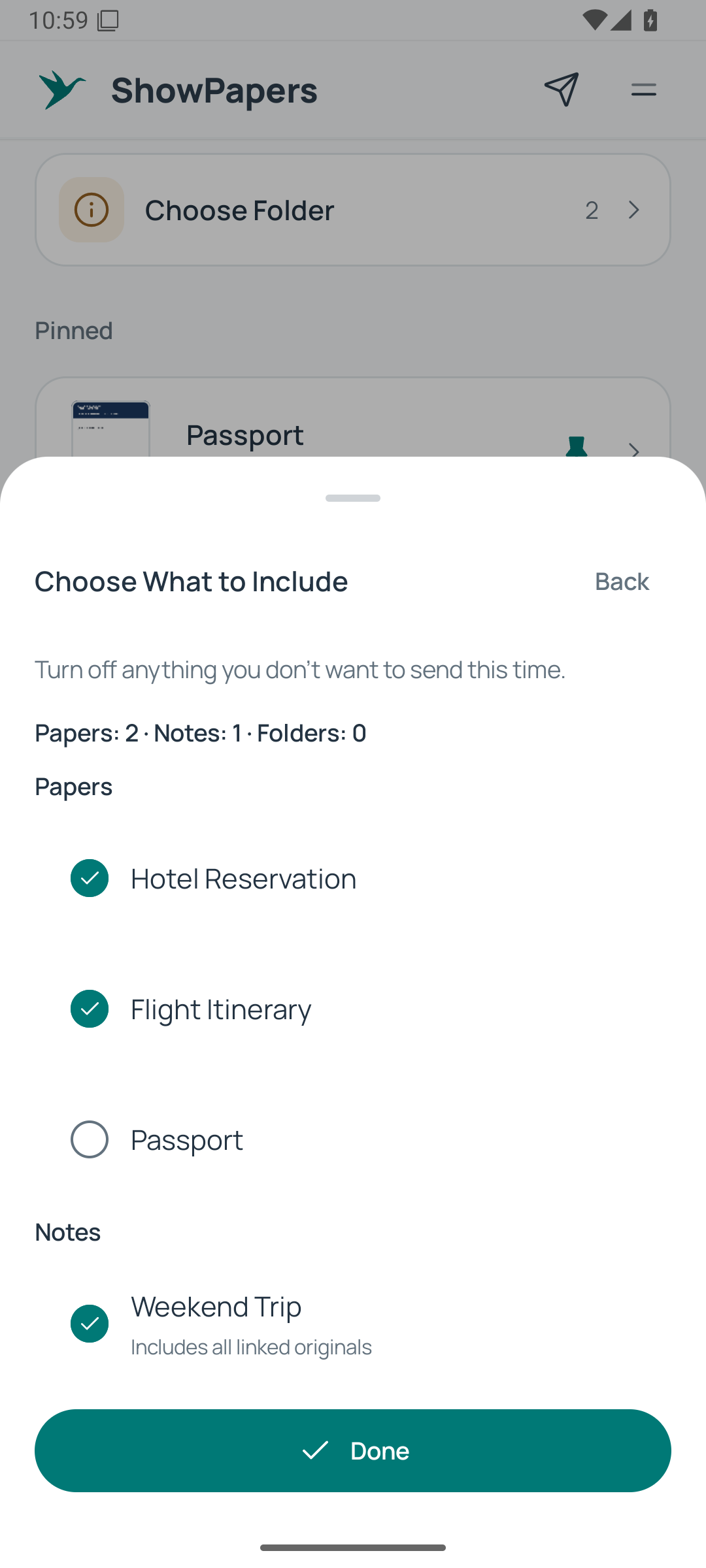 ShowPapers selection screen with chosen sample papers and notes.