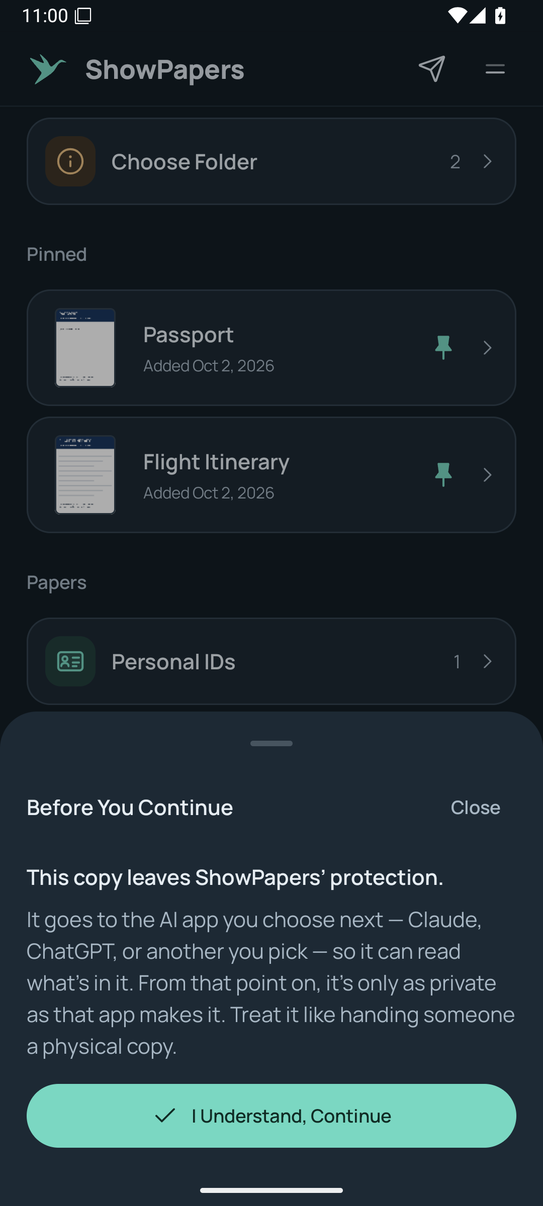 ShowPapers sharing confirmation before sending a copy to another app.