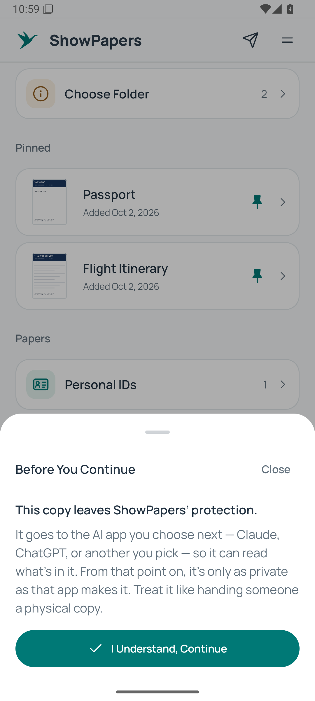 ShowPapers sharing confirmation before sending a copy to another app.