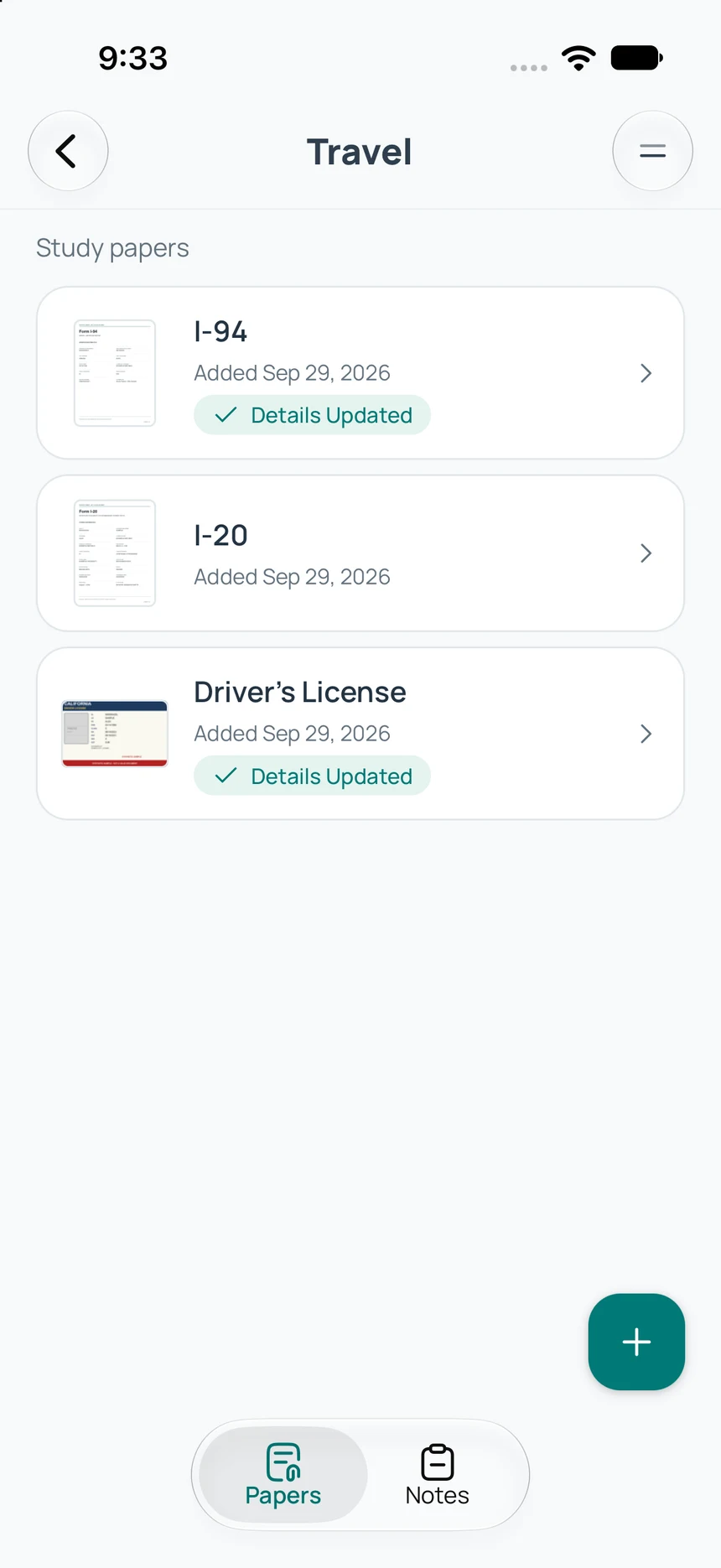 Un registro de entrada guardado en la carpeta de viajes y reingreso.