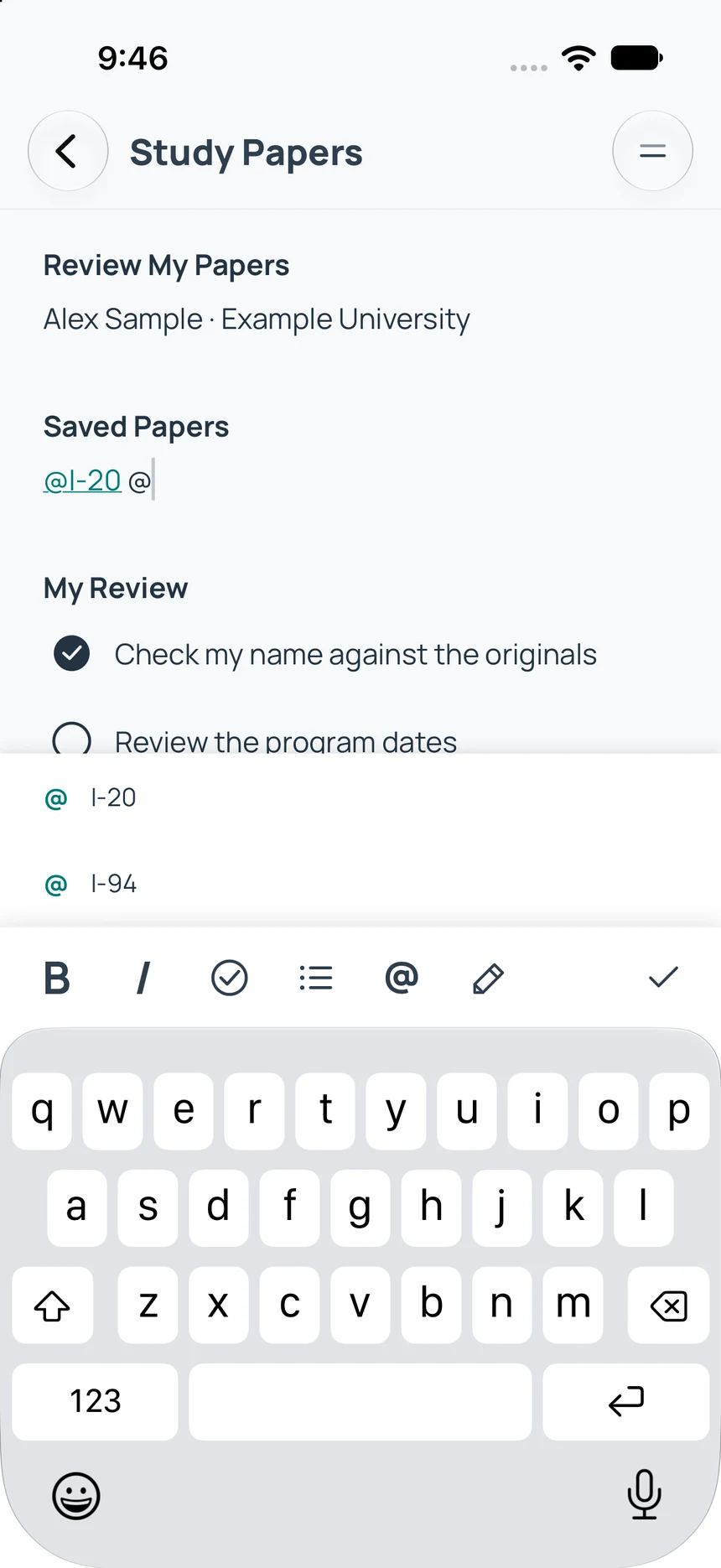 El selector de documentos con @ muestra ejemplos de I-20 e I-94.