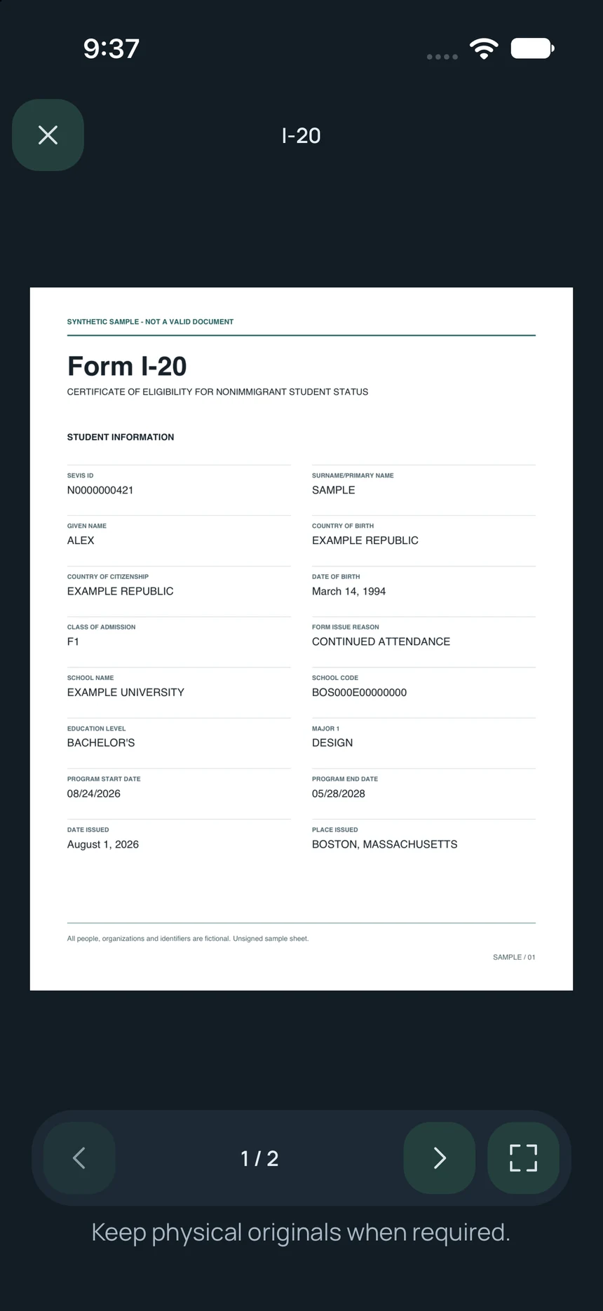 El documento I-20 ficticio completo en el visor nativo.