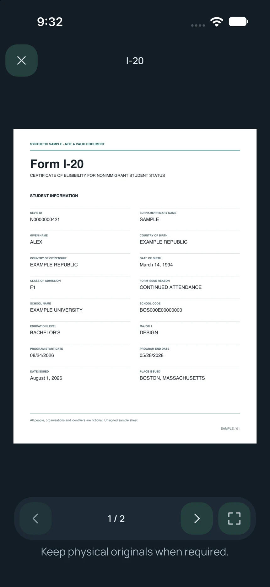 El documento I-20 ficticio completo en el visor nativo.