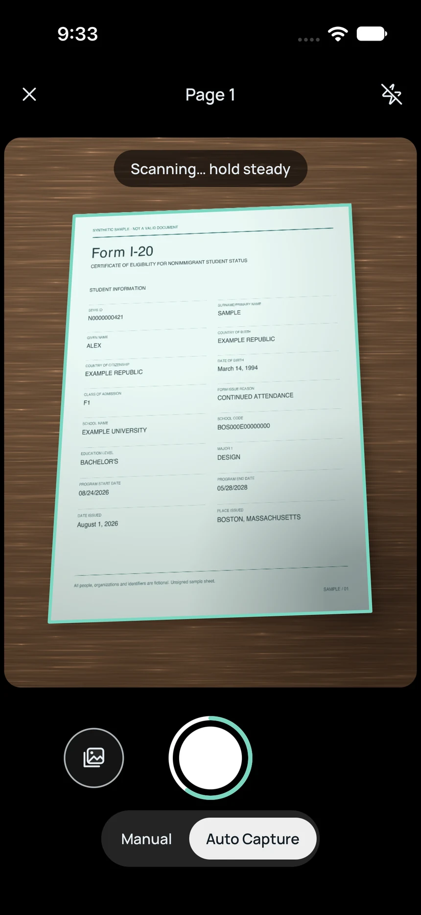 Escáner de documentos que detecta los bordes del I-20 ficticio.