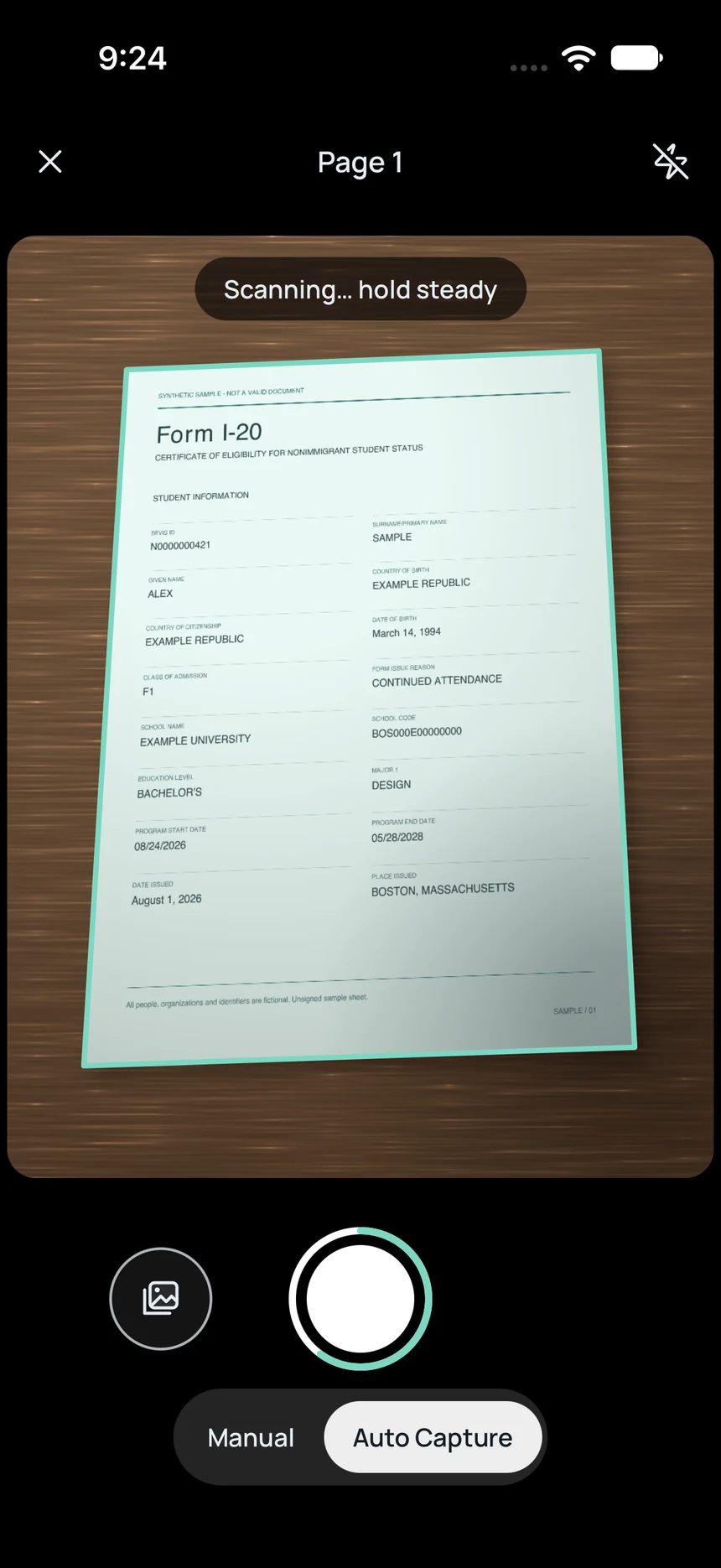 Escáner de documentos que detecta los bordes del I-20 ficticio.